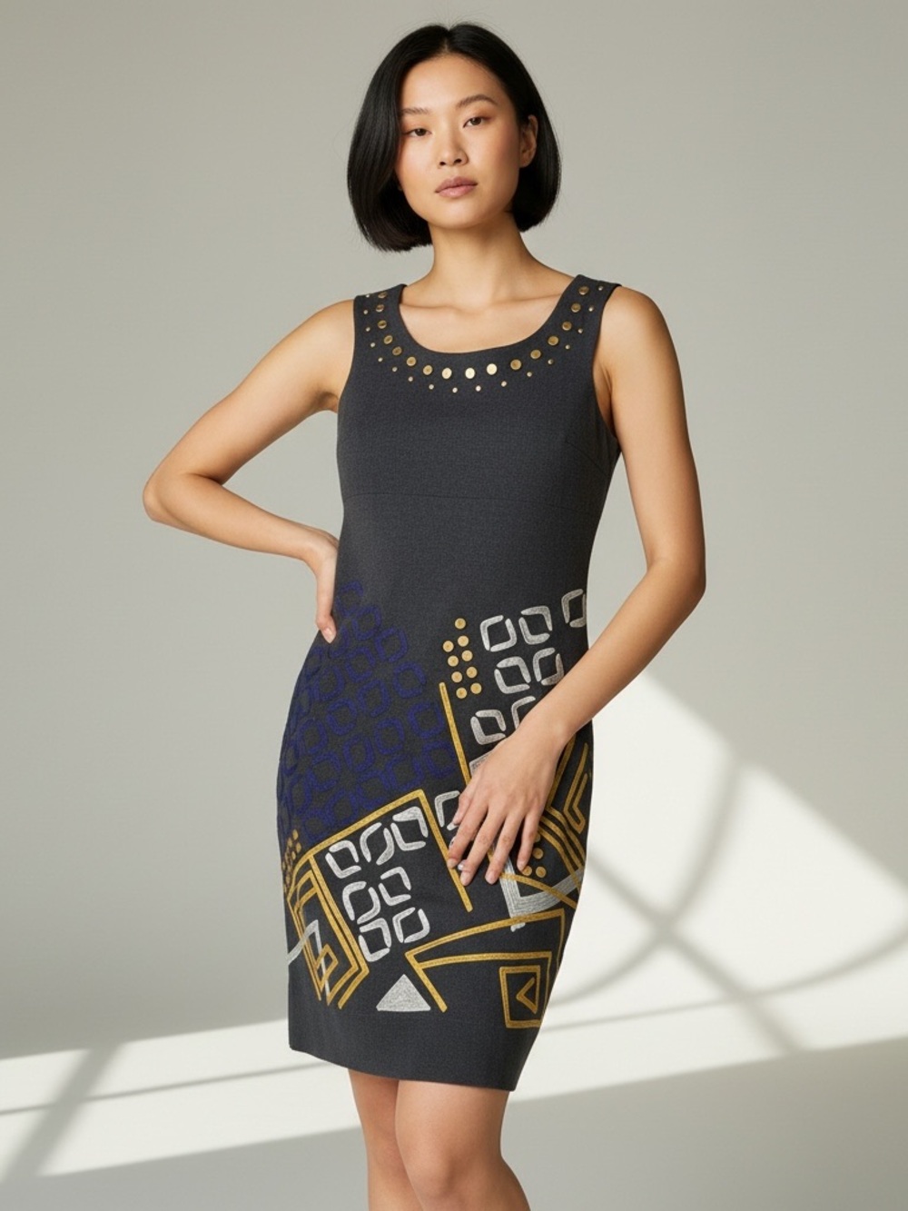 DKNY Black Sleeveless Sheath Dress with Gold & Silver Accents